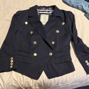 Guess Crop Blazer Navy Blue Gold Buttons Military